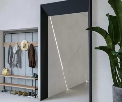 a room with a plant and a coat rack